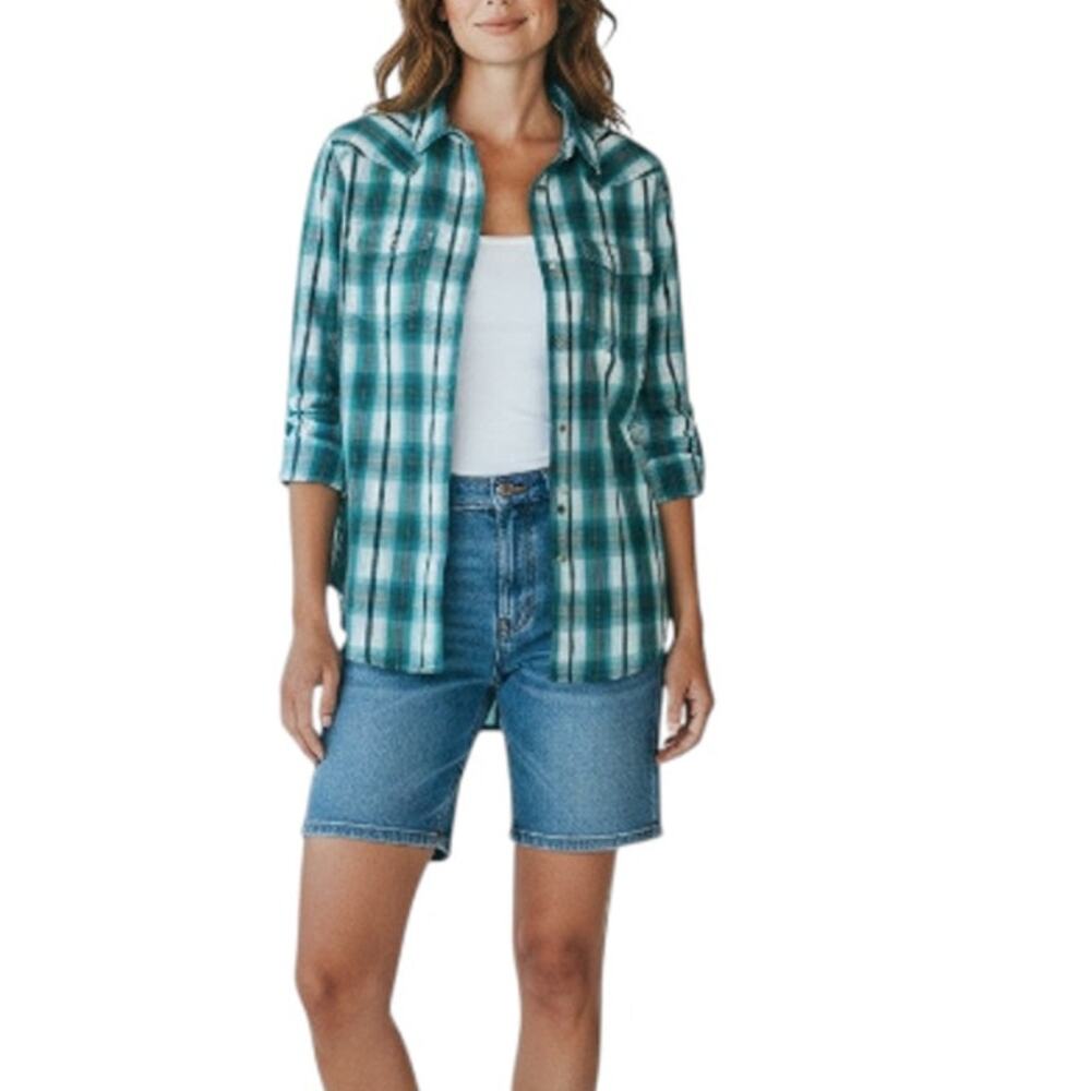 ARIAT Plaid Button Down Shirt Sz M Teal/White Western Country Cowgirl Everyday